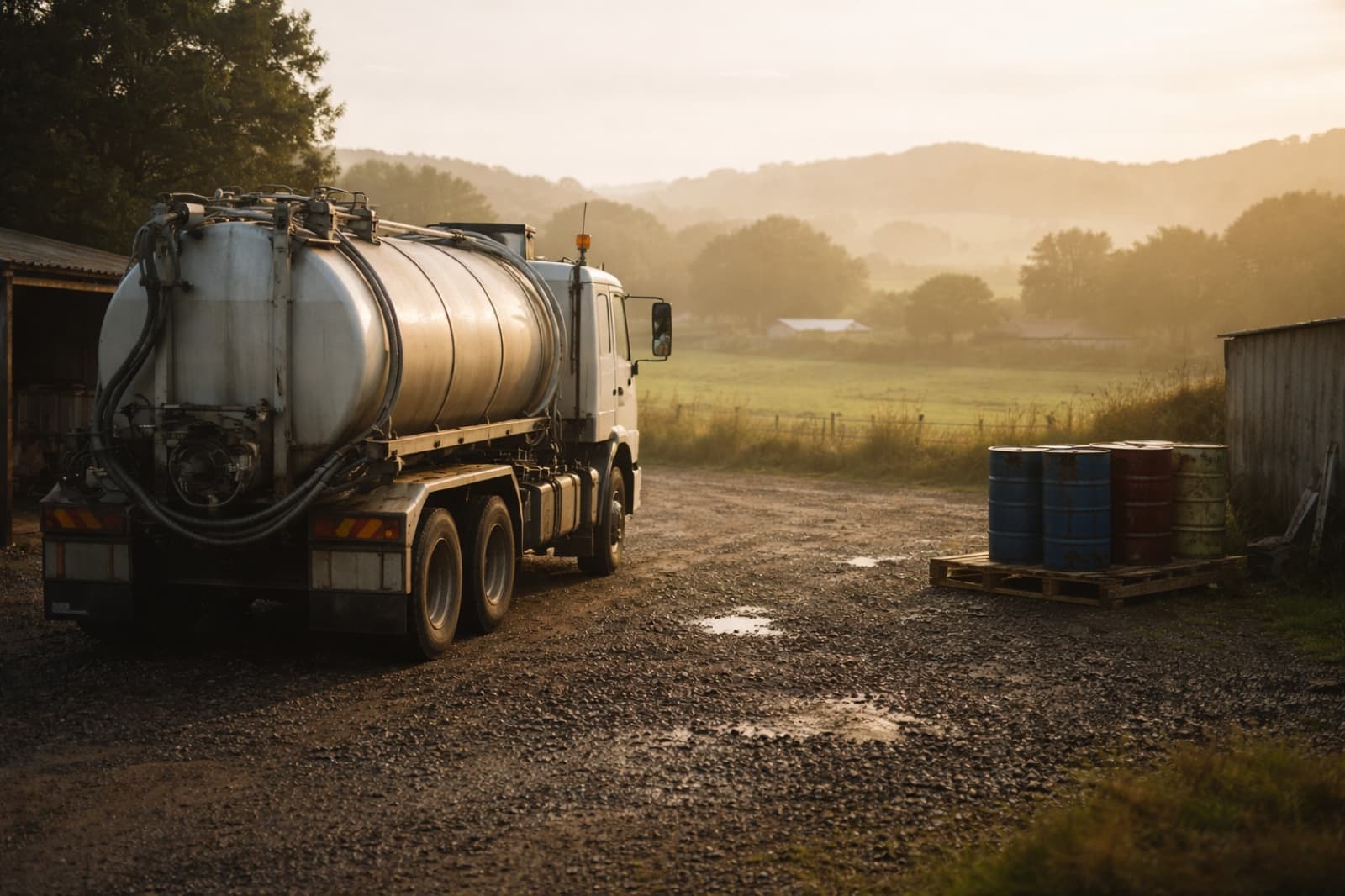 AGB Solutions waste oil collection tanker at the Tuakau yard at dawn with oil drums on a pallet and rolling farmland in the distance