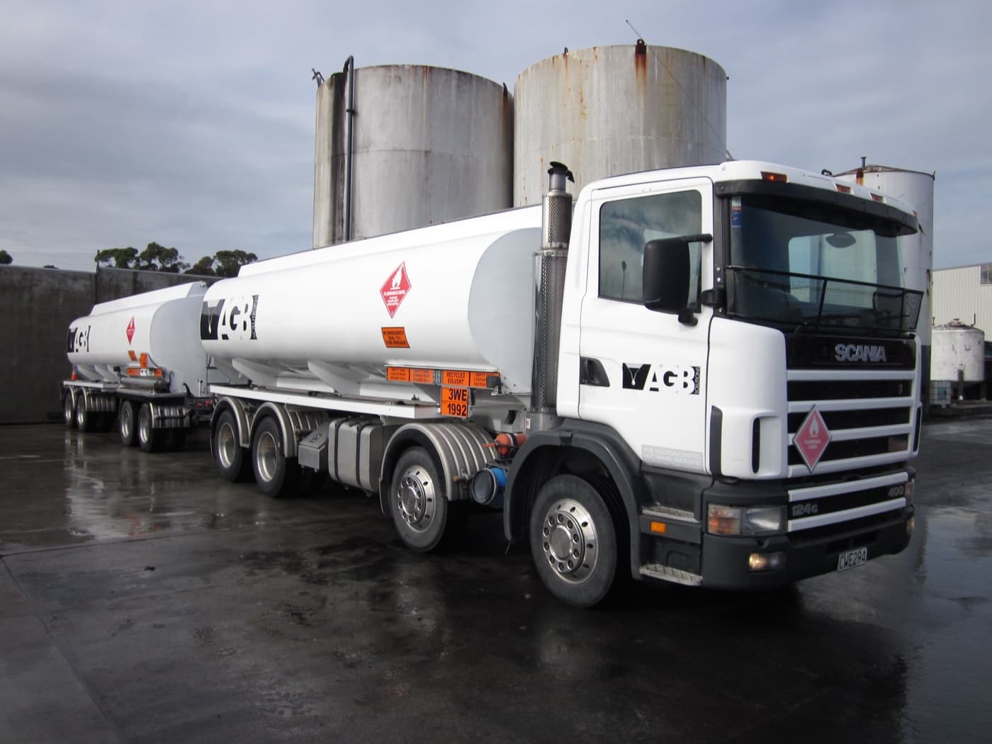 AGB Solutions Scania tanker and trailer at the Tuakau yard