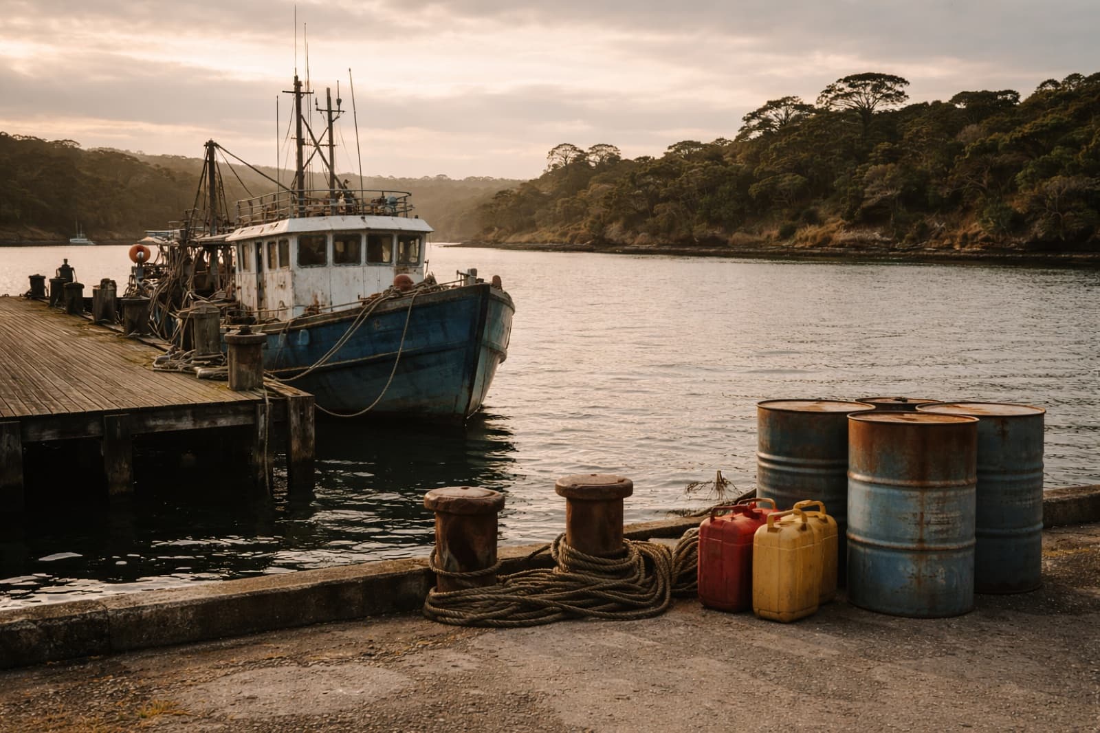 Small working harbour in Northland, New Zealand, with a commercial fishing vessel tied up and oil drums on the wharf. AGB Solutions collects used oil from marine operators and boat maintenance yards across Northland.