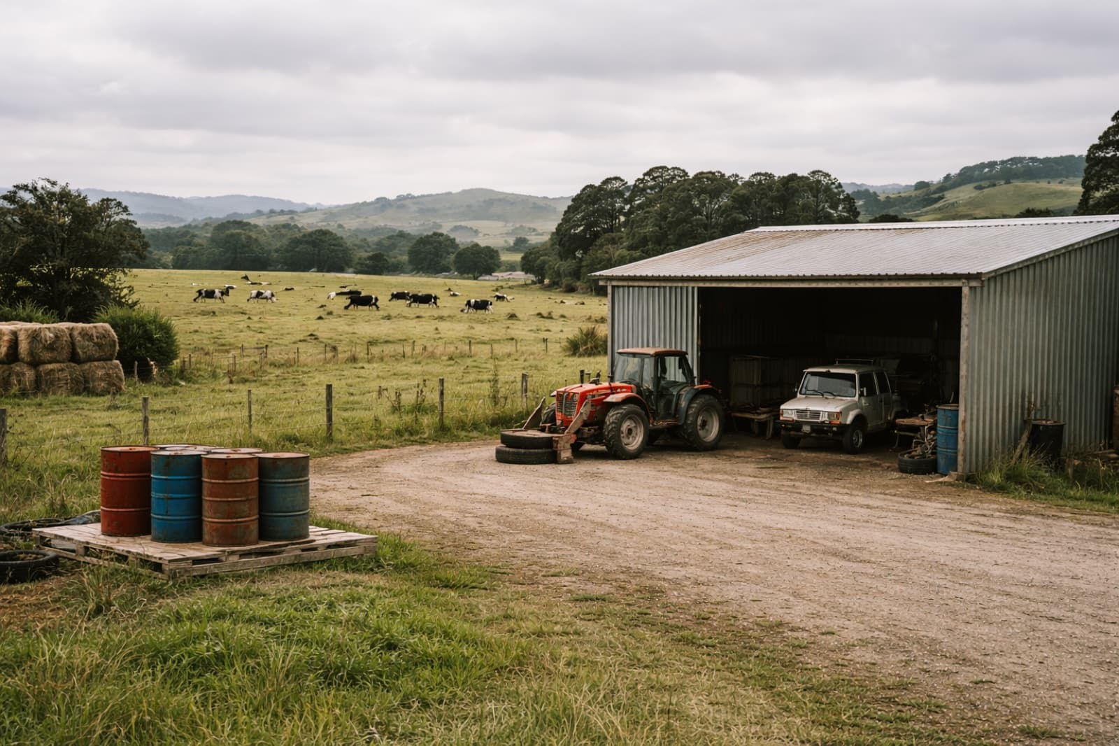 Rural Waikato dairy farm workshop with waste oil drums stacked on a pallet, tractor parked under a steel shed, dairy cattle grazing in the background. AGB Solutions collects used oil from farms across the Waikato region.