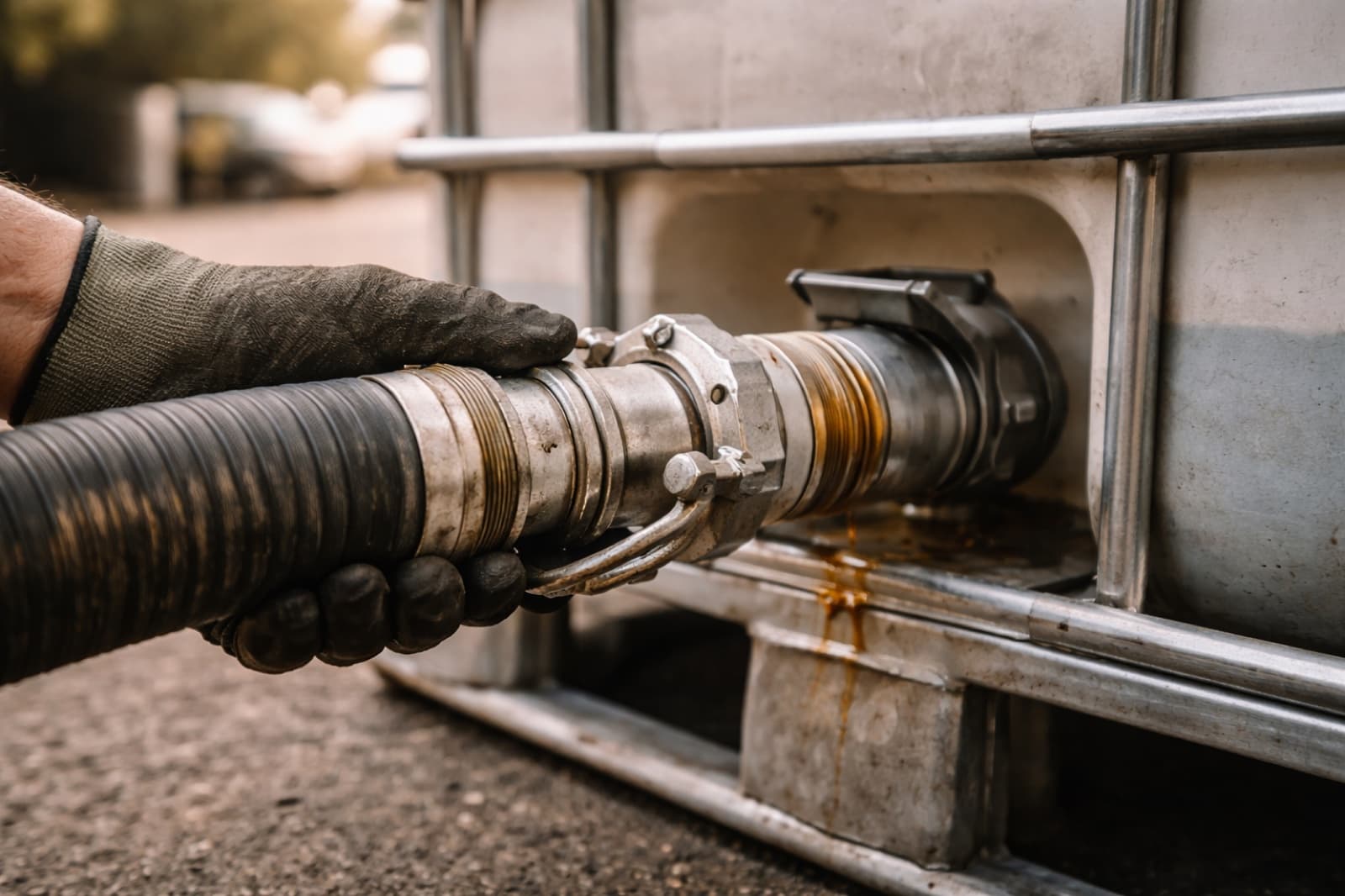 AGB Solutions operator connecting a waste oil collection hose to a 1000-litre IBC tank at a workshop site