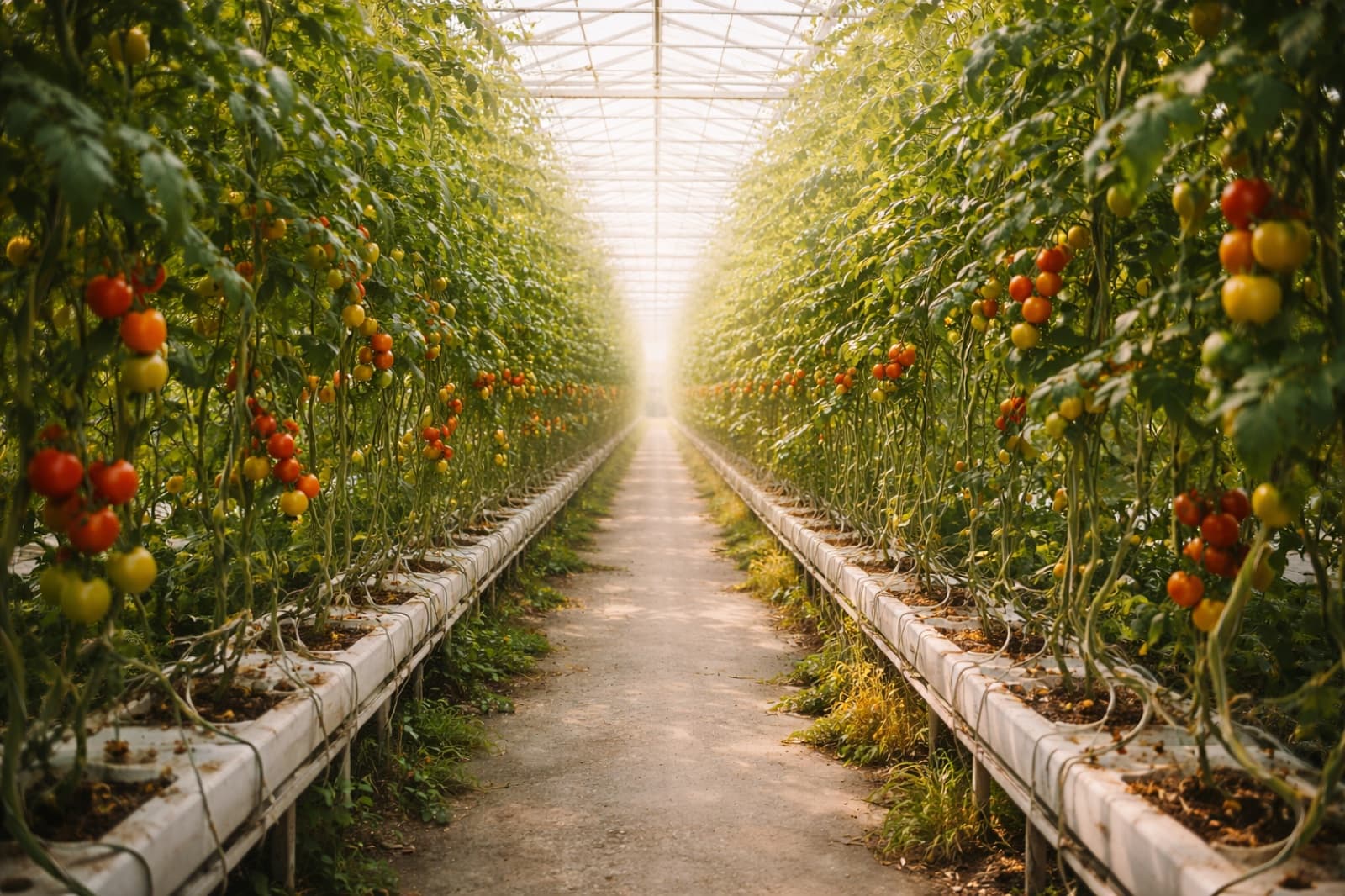 Interior of a New Zealand tomato glasshouse with rows of ripening fruit, warmed by recovered waste oil collected by AGB Solutions